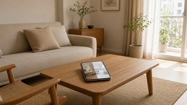 Phòng khách warm minimalism với sofa linen be, gỗ sồi, ít đồ và điện thoại hiển thị phối cảnh AI so tối giản lạnh