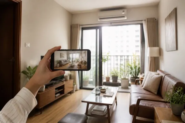Phòng khách căn hộ cải tạo tiết kiệm với tường sáng và điện thoại hiển thị phối cảnh nội thất giá rẻ do AI tạo
