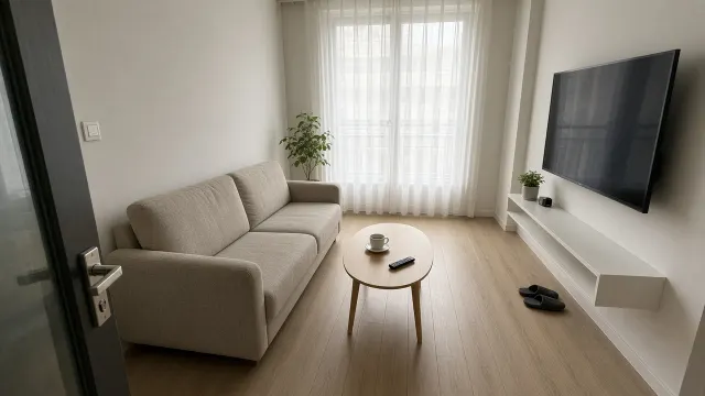 Phòng khách nhỏ tường trắng với sofa vải hai chỗ, bàn trà oval gỗ, tivi treo tường và kệ trắng nông