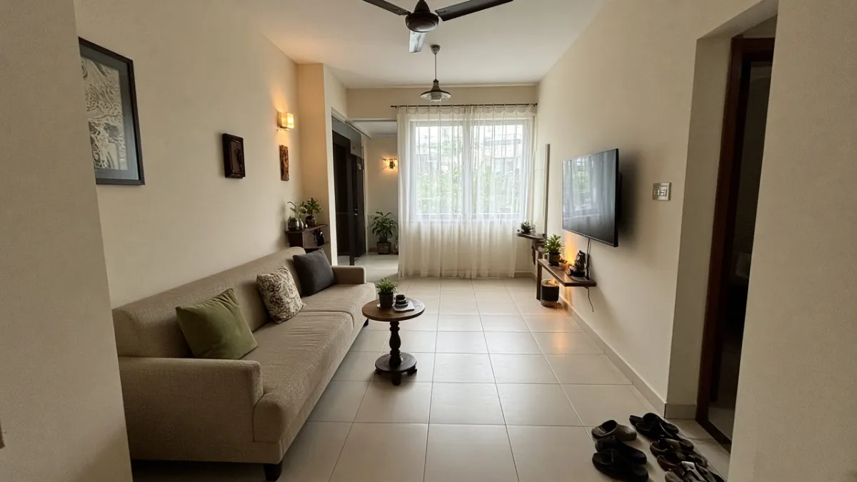 Phòng khách nhà ống hẹp với sofa kê dọc tường trái, bàn tròn nhỏ, tivi treo tường bên phải và lối đi lát gạch chạy về phía cửa sổ