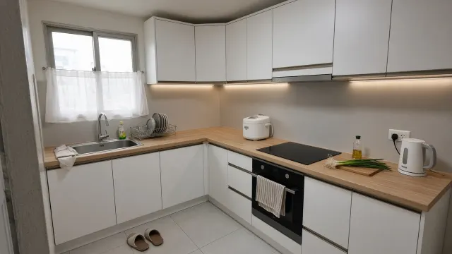 Bếp chữ L tủ trắng mặt gỗ sáng, bồn rửa dưới cửa sổ, bếp từ và lò nướng trên cạnh dài, nồi cơm và ấm đun trên mặt bàn