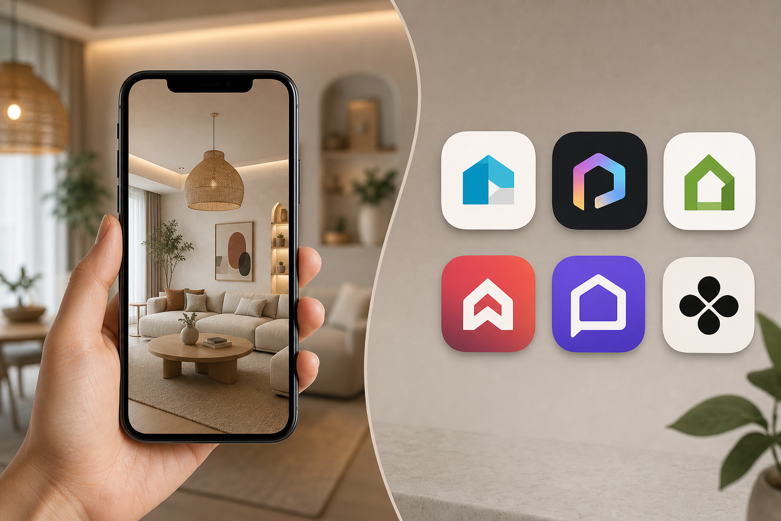 Điện thoại hiển thị phối cảnh phòng khách do AI thiết kế, bên cạnh là các biểu tượng ứng dụng trang trí nhà